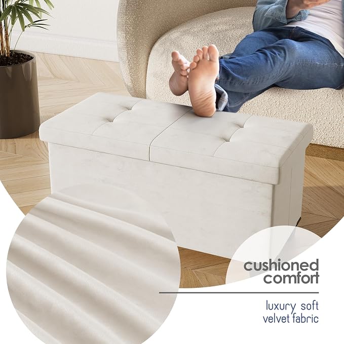 Storage Ottoman Bench with Bins, 30-in Storage Bench for Bedroom End of Bed, Folding Foot Rest Ottoman for Living Room Max 660lbs, Velvet Ottomans, Cream - Image 7
