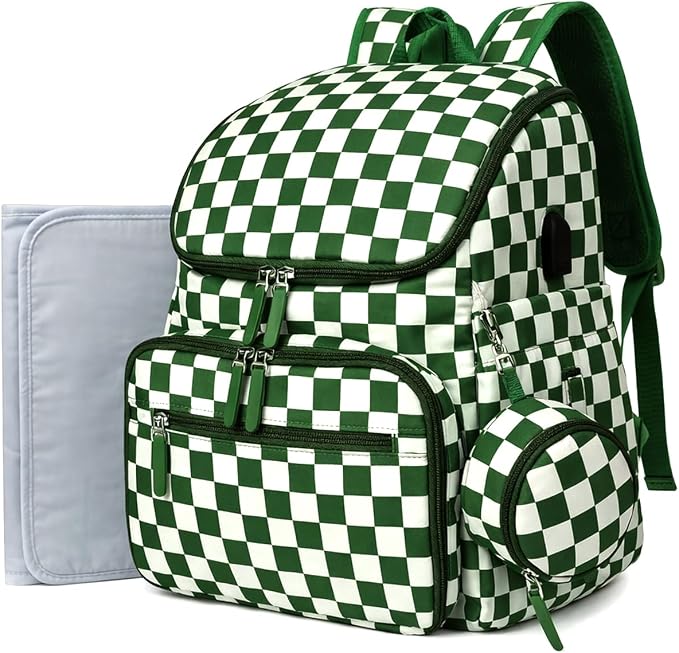 FHELAD Checkered Diaper Bag Backpack with Changing Pad & Stroller Clips | Baby Diaper Bag, Baby Shower Gifts, 4 Insulated Bottle Holders, Wet Wipe Pocket, Luggage Strap by FHELAD