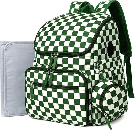 FHELAD Checkered Diaper Bag Backpack with Changing Pad & Stroller Clips | Baby Diaper Bag, Baby Shower Gifts, 4 Insulated Bottle Holders, Wet Wipe Pocket, Luggage Strap by FHELAD