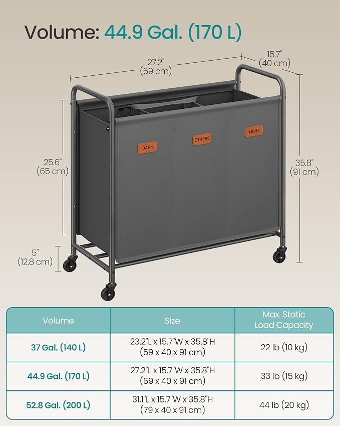 SONGMICS 3-Section Laundry Sorter, Laundry Hamper with Wheels, Rolling Clothes Hamper Cart with Large Capacity and Removable Bags, for Laundry Room, Bedroom, Bathroom, Slate Gray URLS330G01 | Rolling Clothes Hamper Cart, Large Capacity, for Laundry Roo... - Image 6