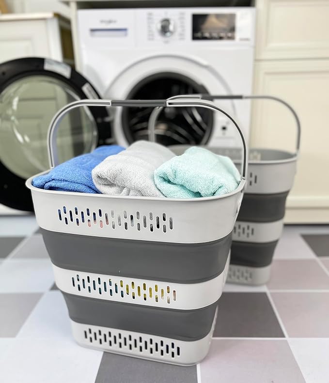 SAMMART 40L (10.5 Gallon) Collapsible Plastic Laundry Basket with Handles - Foldable Pop Up Storage Container/Organizer - Portable Laundry Hamper - Space Saving (2, Grey) - Image 4