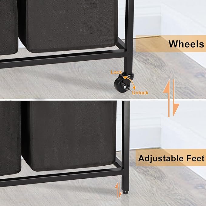 Laundry Hamper, Laundry Sorter, Rolling Laundry Basket with Wheels, 2 Shelves, 18 Gal(68L), Pull-Out and Removable Oxford Fabric Bags, for Laundry Room, Black and Rustic Brown - Image 5
