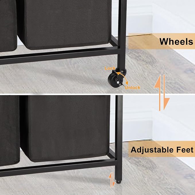 Laundry Hamper, Laundry Sorter 2 Section, Rolling Laundry Basket with Wheels, 2 Shelves, 2 × 14.5 Gal, Pull-Out and Removable Oxford Fabric Bags, for Laundry Room, Black and Rustic Brown - Image 5