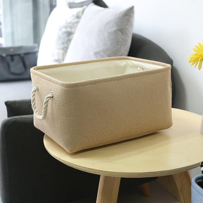 Decorative Basket Rectangular Small Storage Basket Fabric Storage Bin Organizer Basket with Handles for Clothes Storage (Beige, 11.8L×7.9W×5.2H inch) - Image 4