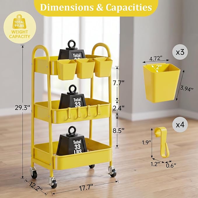danpinera 3-Tier Rolling Cart, Utility Cart Mobile Metal Rolling Storage Cart with Lockable Wheels & Hanging Cups & Hooks for Kitchen, Bathroom, Office, Workshop, Yellow - Image 2