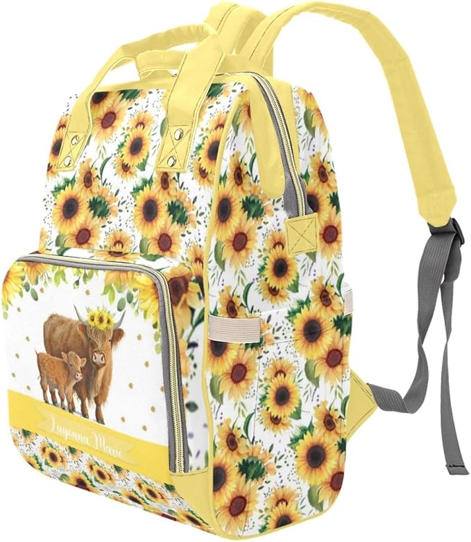 Custom Sunflower Cow Diaper Bag for Women, Personalized Name Multifunction Nylon Nursing Mommy Daypack with Large Capacity for Travel, Birthday Mother Gift - Image 2