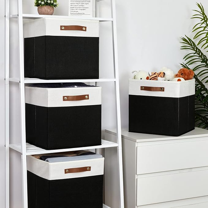 Temary Fabric Storage Bin 4 Pack Cube Storage Bin for Shelf Fabric Cube Storage Basket 13 Inch Cube Storage Bins Foldable Storage Cubes with Leather Handles(White&Black) - Image 6