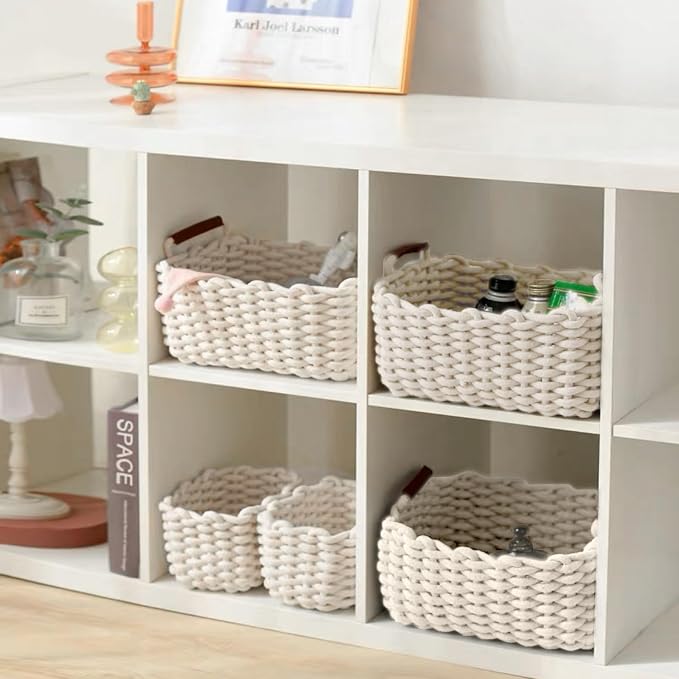 3 Pack Small Cotton Rope Basket with Handles Woven Storage Basket Rectangle Stackable Nursery Storage Baskets Decorative Shelf Basket Organizer Gift Baskets for Toys Small Items(White) - Image 7