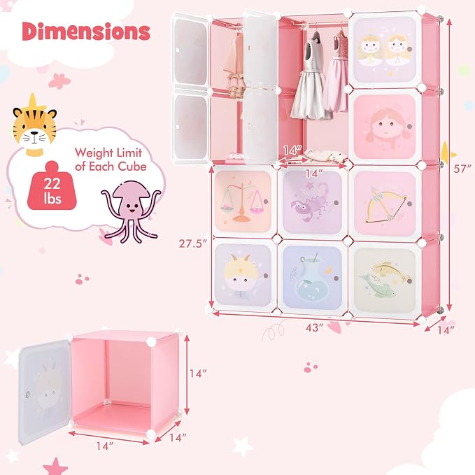 HONEY JOY Kids Wardrobe Closet, Baby Cartoon Clothes Storage Organizer, 12 Cubes & 2 Hanging Sections, Portable Children DIY Modular Bedroom Armoire Dresser Cabinet for Boys Girls (Light Pink) - Image 7