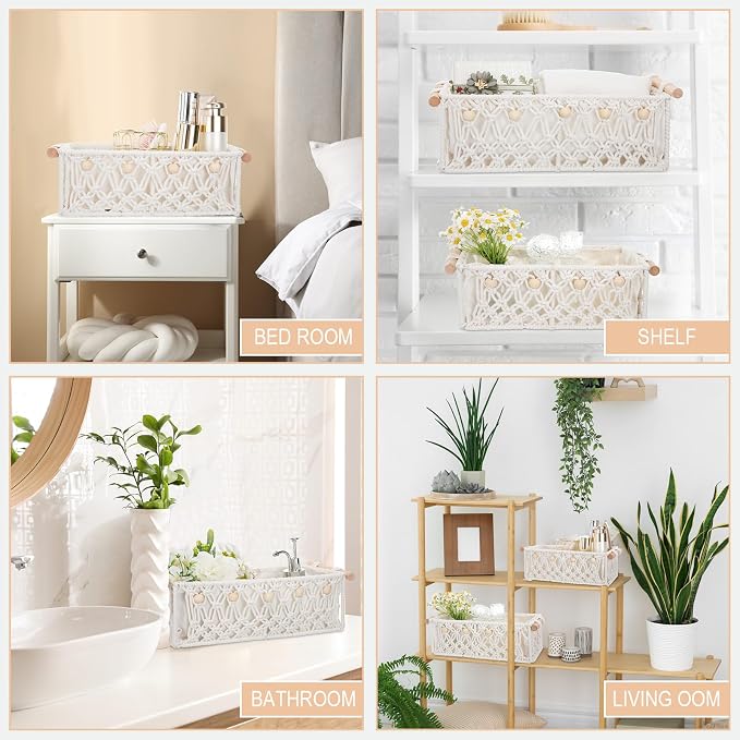 Vesici 4 Pcs Boho Macrame Storage Basket for Shelves 13" 11" Neutral White Storage Basket Hand Woven Box with Wood Handles Beads Decorative Countertop Toilet Cabinet Organizer for Home Decor - Image 4