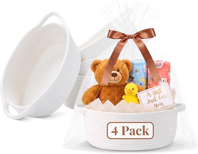 VIRETH HAUS 4pcs Small Woven Baskets with Gift Bags, Ribbons & Wrap Papers | Gift Baskets Empty to Fill for Valentines, Baby Shower, Easter, Christmas Day, Decorative Storage Bins for Toys & Home by Unknown
