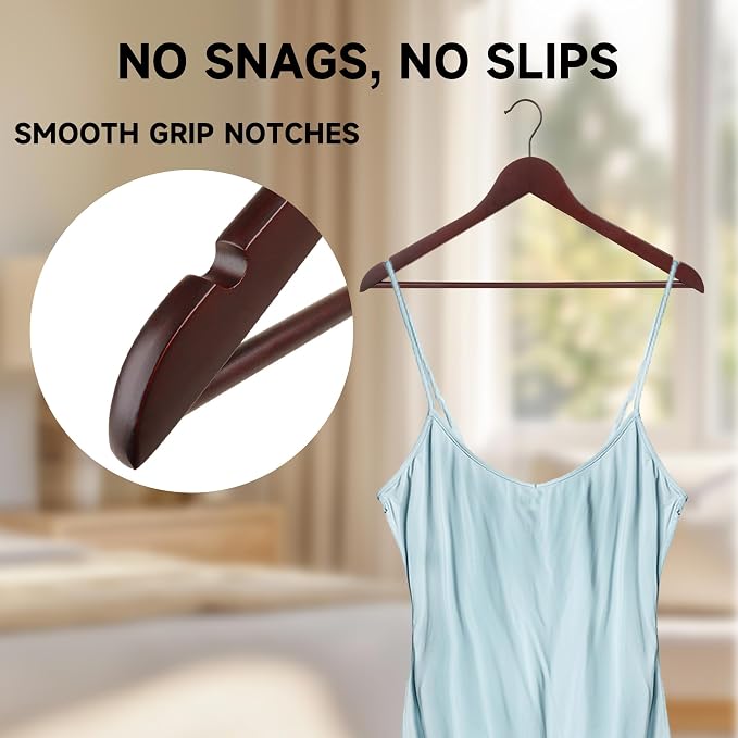 Wooden Clothes Hangers with Pants Bars, Mahogany, 108-Pack | Heavy Duty Solid Wood Suit & Coat Hangers with Swivel Hook & Shoulder Notches, for Shirts, Jackets, Dresses & Trousers - Image 4