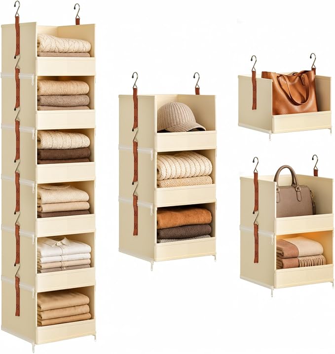 DIMJ Hanging Closet Organizer - 6-Tier Modular Hanging Shelves with Zippers Hooks, Collapsible Baskets for RV, Dorm, Small Spaces, Fabric Storage Bins for Clothes, Handbags by DiMJ