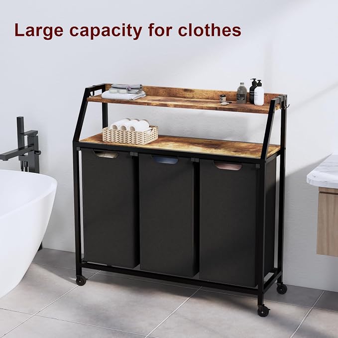 Laundry Hamper, Laundry Sorter 3 Section, Rolling Laundry Basket with Wheels, 2 Shelves, 3 × 14.5 Gal, Pull-Out and Removable Oxford Fabric Bags, for Laundry Room, Black and Rustic Brown - Image 9