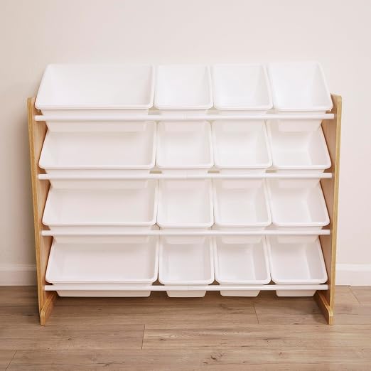ECR4Kids 4-Tier Organizer with 16 Bins, Toy Storage, Dark Natural/White | Durable plastic bins, MDF panels, steel frame, GREENGUARD Gold Certified, 60 lb capacity, anti-tip kit, playroom/classroom - Image 9