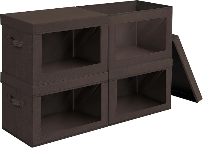 Stackable Storage Bins with Lids - Large Storage Box with Lids, Foldable Closet Boxes for Organizing, Wardrobe Clothes Organizer with Window, Cubes Bins for Living Room, 4 Pack, Brown by Homsorout