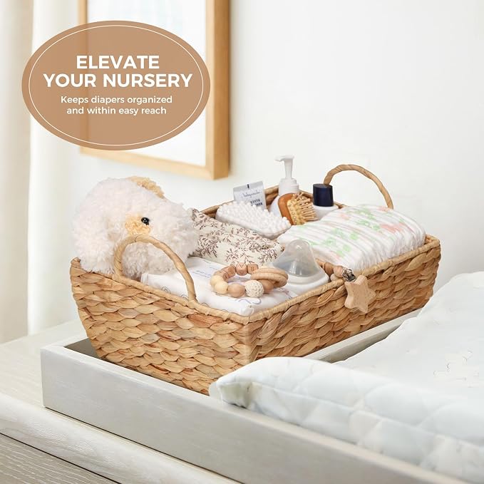 Baby Diaper Caddy Organizer, Handwoven Nursery Basket Changing Table Organizer Natural Water Hyacinth Storage Basket for Nursery Bathroom Kitchen Shelves Office Supplies Organization (Natural, XL) - Image 2