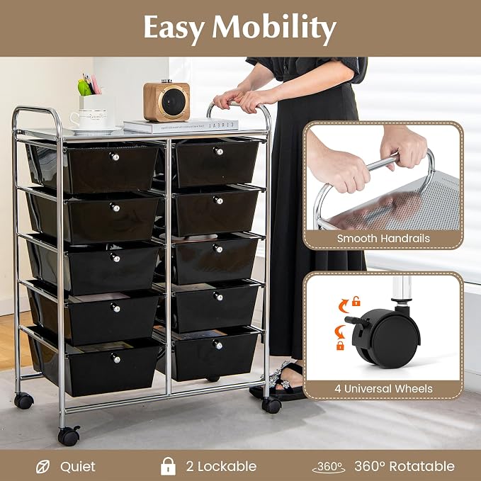 RELAX4LIFE Rolling Storage Cart with 10 Drawers - Craft Storage Cart with Lockable Wheels,Utility Cart, Art Cart Organizer for Crafting Storage, Studio, Office, Home, School Rolling Drawer Cart - Image 4