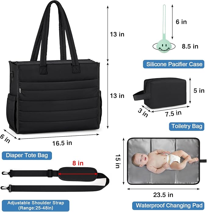 Diaper Bag Tote for Baby, Large Hospital Mommy Bag for Labor Delivery | Lightweight Puffy 4pcs Diaper Tote with Changing Pad, Toiletry Bag and Pacifier Case, Travel, Hospital, Newborn Essentials - Image 6