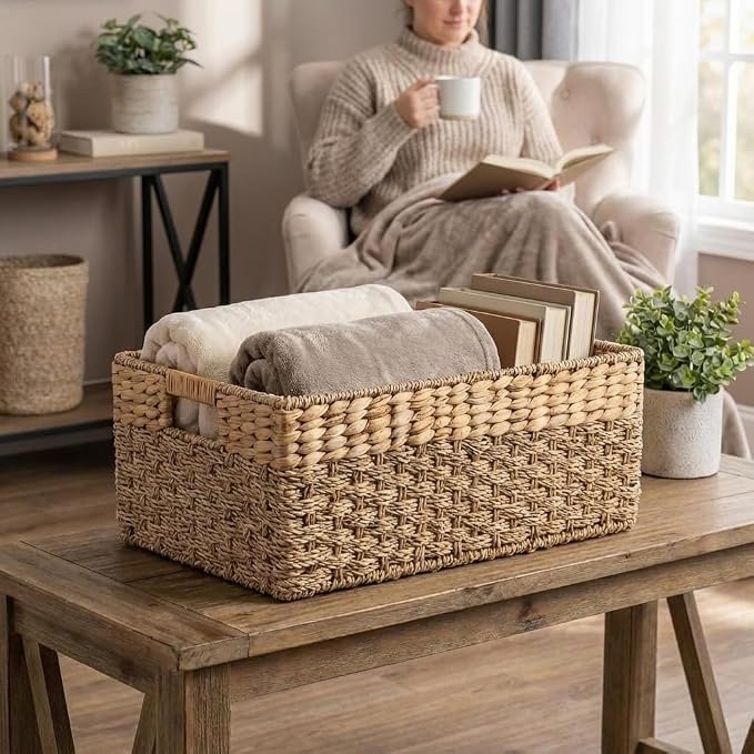 Large Wicker Storage Baskets with Handles, 17 x 11 x 7.5 Inches | Natural Seagrass and Hyacinth, Woven Storage Basket, For Organizing Shelves, Closet, Pantry, Living Room - Image 4