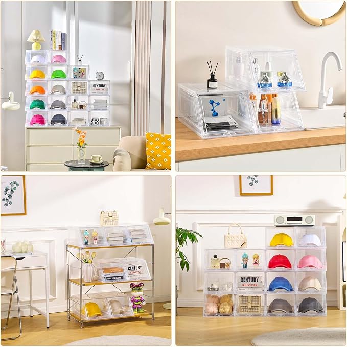 Stackable Clear Hat Organizer for Baseball Caps with Sliding Drawer | 4 Pack, Each Holds 12 Caps, Hat Storage Box for Closet, Transparent Hat Holder Display Case, Space-saving, Plastic - Image 7