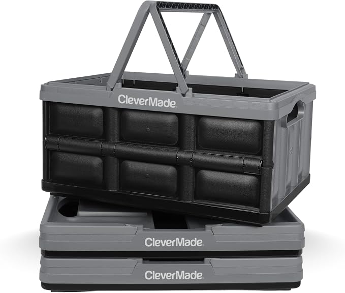CleverMade Collapsible Shopping Basket, 32L Storage Crate, 3 Pack, Stone | Carry Bigger Grocery Hauls with Confidence | Rigid Walls Hold 35 lb, While Top and Side Handles Balance the Load by CleverMade