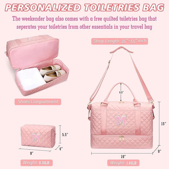 Gifts for 10 Year Old Girl-Monogram Overnight Bag(Pink,M) | 13th Birthday Gifts for Girls-Weekend Bags-Overnight Bags for Women with Shoe Compartment - Image 7