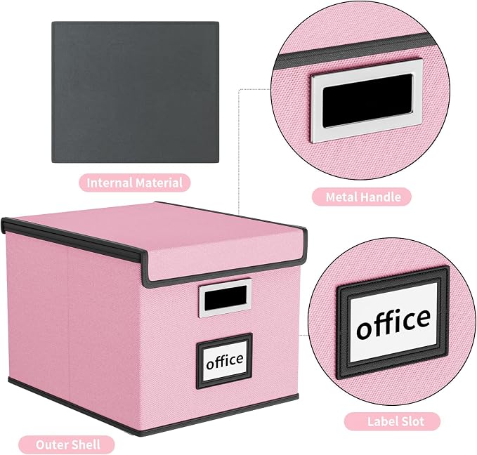 File Organizer Box with Lids, Collapsible File Folder Organizer | File Box with Plastic Slides for Office Document Storage, Filing Bin for Letter Size Hanging File Folders (2 Pack, Pink) - Image 4