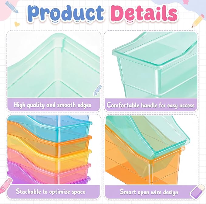 Blosssound 6 Set Book Bins for Classroom Stackable,Translucent Pastel | Plastic Baskets with Labels, Slanted Front, Library Supplies Organizers, Desktop Storage Bins, Teachers Home School Use - Image 3
