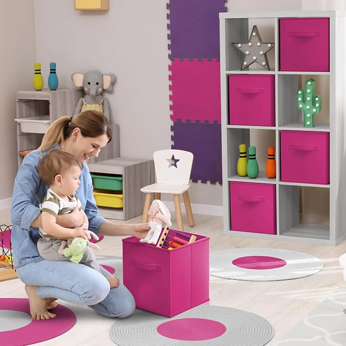 Sorbus Foldable Storage Cubes - 6 Pink Storage Bins for Organizing Pantry, Closet, Shelf, Nursery, Playroom, Toy Box, Cubby - 11 Inch Collapsible Fabric Baskets with Handle - Image 2