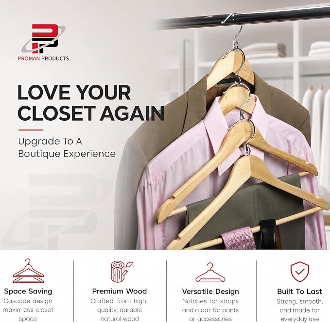 Proman Products Kascade Space Saving Wooden Hangers Clothes Hangers 50 Pack | Hangers with pants bar & shoulder notches feature a cascading design that saves closet space and keeps clothes organized. - Image 8