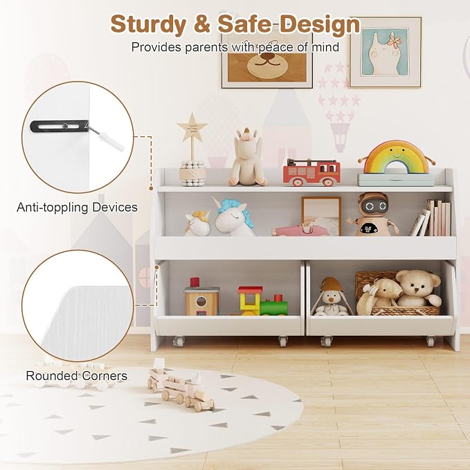Costzon Toy Storage Organizer for Kids, Toy Cabinet w/ 2 Rolling Drawers, Lockable Wheels, Open Shelf & Anti-toppling Kit, Toddler Toy Shelf for Playroom, Kids’ Room, Nursery, Daycare (White) - Image 5