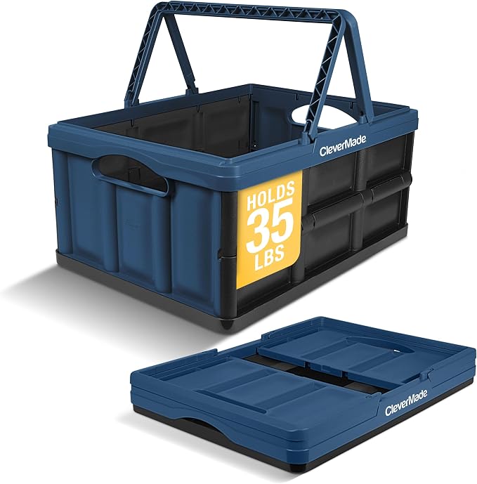 CleverMade Collapsible Shopping Basket, 32L Storage Crate, 1 Pack, Ocean | Carry Bigger Grocery Hauls with Confidence | Rigid Walls Hold 35 lb, While Top and Side Handles Balance the Load by CleverMade