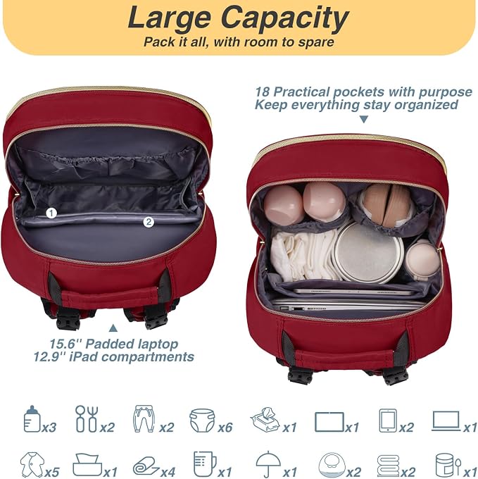 Diaper Backpack for Women Large Capacity with Insulated Pockets Diaper Bags For Baby,Burgundy - Image 4