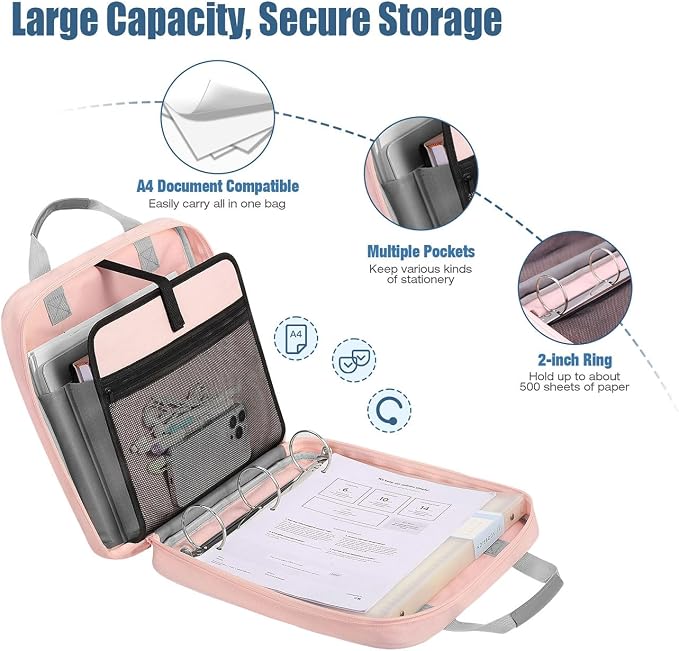 MoKo Zipper Binder, 2-Inch 3 Ring Binder with Zipper, 500 Sheets Capacity Zipper Binders with Shoulder Strap & Handle, Multi-Pocket Zipper Bag Organizer for Work School, Pink & Gray - Image 2