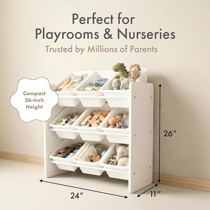Humble Crew Kids Toy Organizer with 9 Bins, 3 Tier Storage for Playroom | Sturdy wood and steel toddler shelf, removable BPA-free containers, wall anchor anti-tip safety kit for bedroom or classroom - Image 2