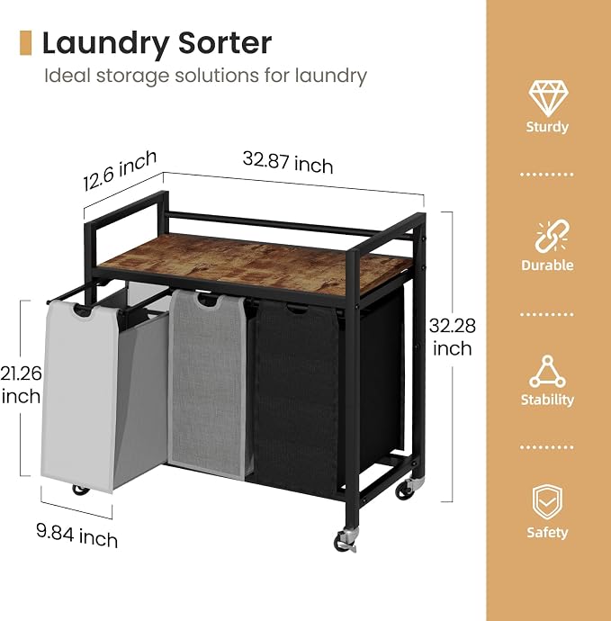 SwaaVee Laundry Sorter, Laundry Hamper 3 Section, 3×11.4Gal, Metal Frame Rolling Laundry Basket with Wooden Top Shelf, Pull out and Removable Laundry Bags, 3 Bags-Black Grey White - Image 2