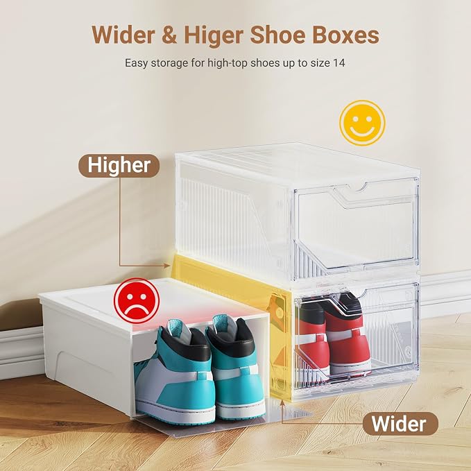 BROVIEW XX-Large Shoe Sneaker Storage Boxes for Size 14, 16 Pack Shoe Boxes | Stackable & Thicken Clear Plastic Shoe Organizers for Entryway Closet, Shoe Container Display Case w/ Magnetic Door - Image 5