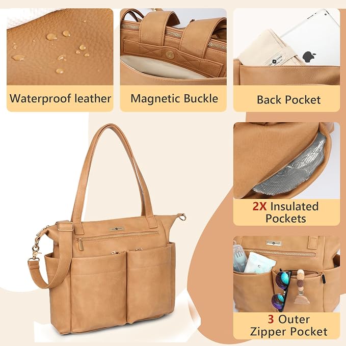 miss fong Diaper Bag Tote Baby Bag Leather Diaper Bag Backpack Large Diaper Tote Bag with 11 Pockets Changing Pad, Stroller Straps,4 Insulated Pockets - Image 6