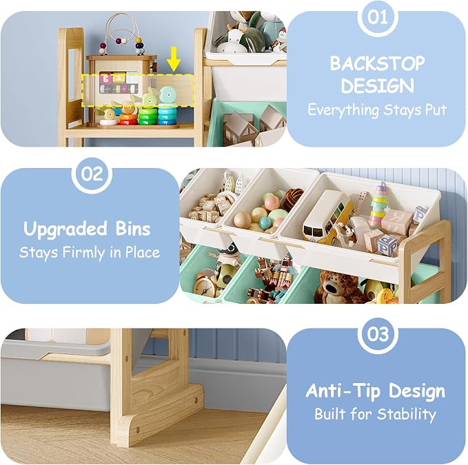 EXPERLAM Toy Storage Organizer, Toy Storage Shelf with 3 Shelves and 16 Storage Bins (12 Small + 4 Large), 3-in-1 Kids Bookshelf for Kids Rooms, Playroom, Nursery, Multi - Image 4