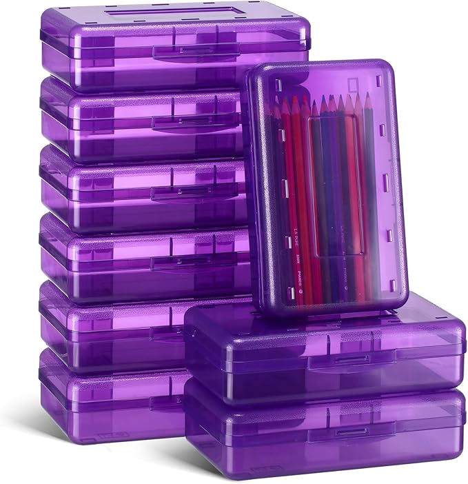 Leelosp 12 Pack Pencil Boxes Bulk, Large Plastic Case,Purple | Stackable Hard Storage Box with Snap Lid for School Classroom, Desk Drawer Organizer, Crayons Markers Kids Supplies by Leelosp