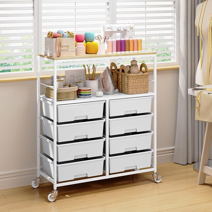 Rolling Storage Cart with 8 Large Drawers, Wooden Tabletop | Open Storage Shelves, Mobile Craft Organizer with Lockable Wheels for Home, Classroom, Office Supplies & Art Studio,White - Image 2