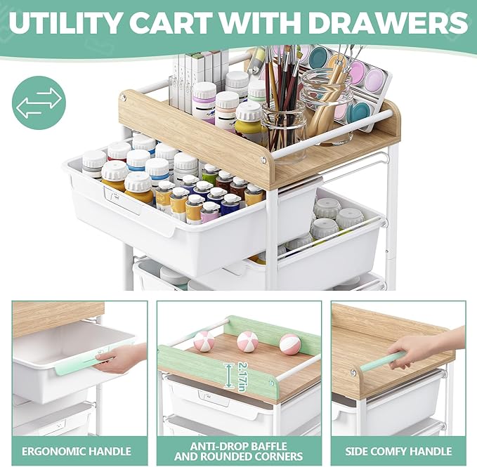 SYKIARIOL Rolling Cart with 6 Drawers,Art Craft Organizer and Storage,White | Utility Storage Cart with Drawers,Makeup Organizer With Wooden Tabletop - Image 2