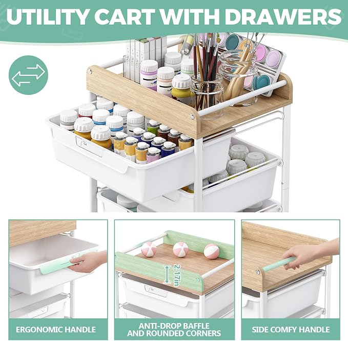SYKIARIOL Rolling Cart with 5 Drawers,Art Craft Cart,White | Storage Utility Cart with Wheels,Makeup Organizer With Wooden Tabletop - Image 3
