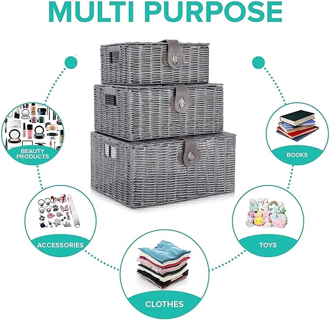 Set of 3 Woven Wicker Storage Basket Box with Lids & Lock, Built-in Carry Handles, Multifunctional Storage Organizer for Nursery, Baby, Clothes, Toys, Books, Large/Medium/Small Size (Grey) - Image 7