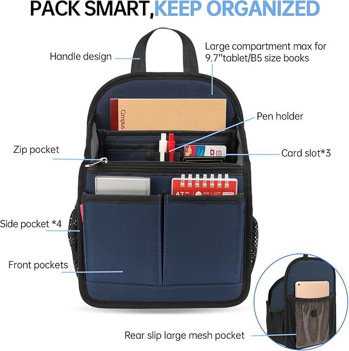 Mini Premium Rugged Backpack Purse Organizer Insert for Women Fashion Small Backpack-19 Pockets,Padded Water-repellent Nylon-Gray - Image 3