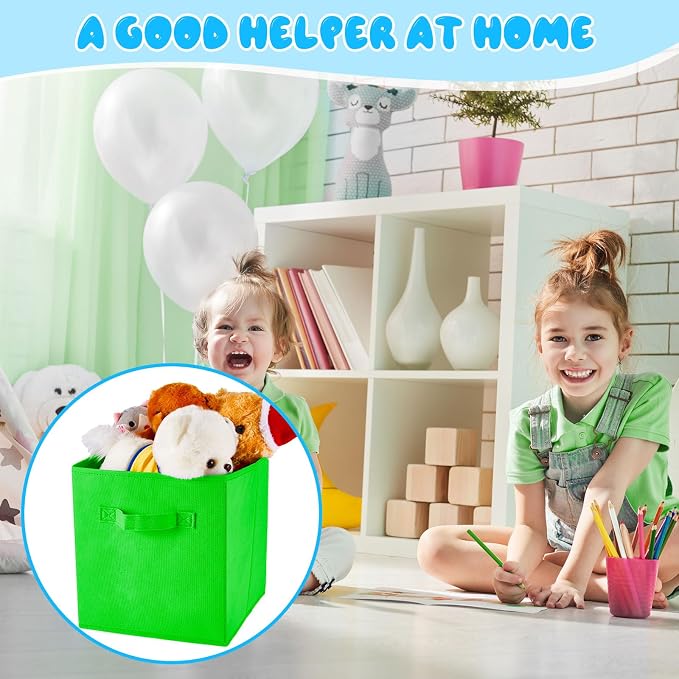 Yinder 12 Pcs Cube Storage Bin 10.5''x10.5''x11'' Storage Bins for Playroom Decor Colorful Bins for Kids Foldable Baskets for Nursery Organizer Boxes Fabric Boxes (Sky Blue, Green, Yellow, Dark Blue) - Image 4