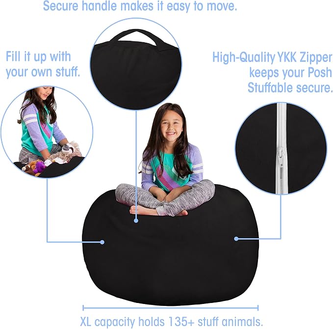 Posh Creations Stuffable Kids Stuffed Animal Storage Bean Bag Chair Cover - Childrens Toy Organizer, X-Large 48" - Soft Faux Rabbit Fur Black - Image 2