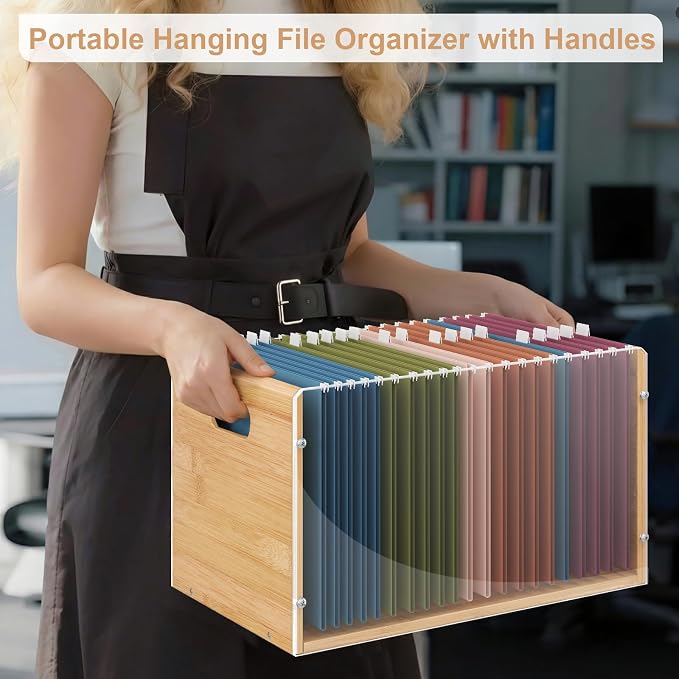 Sbanmao Letter/Legal Bamboo Acrylic File Box Organizer, Hanging File Folder Storage Boxes, Decorative Document Crate Transparent Filing Bin with Handle for Home Office Desk - Image 5