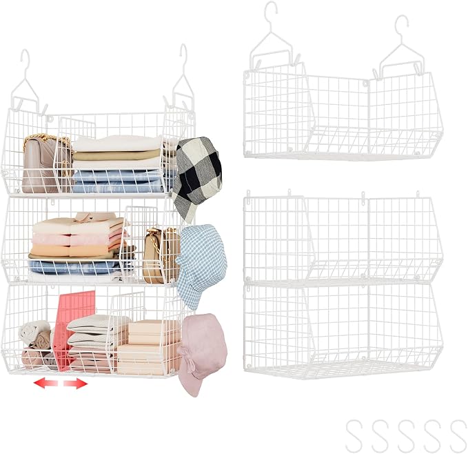 3 Tier Extra Large Closet Hanging Shelves with Divider, 16.5"L x 11.8"W x 33.6"H Closets Organizers and Storage with 5 S Hooks, Clothes Organizer for Sweaters Shoes Handbags Clutches Accessories-White by Jautokerdar
